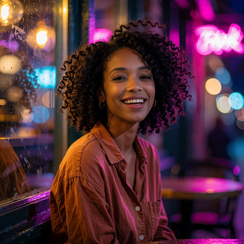 Illustrative sample dating profile photo of a laughing woman with natural curls by a warm cafe window