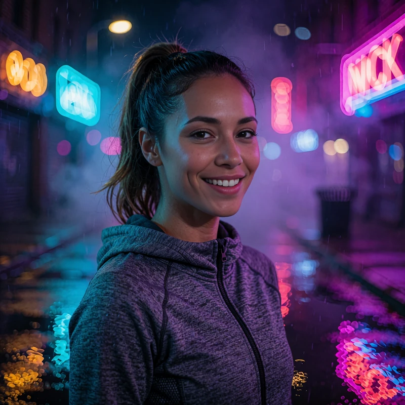 Illustrative sample dating profile photo of a smiling woman in a gray hoodie with a high ponytail on an evening street