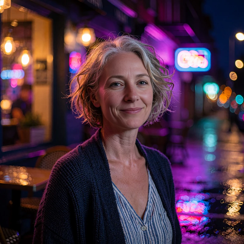 Illustrative sample dating profile photo of a silver-haired woman in a navy cardigan outside a cozy bistro