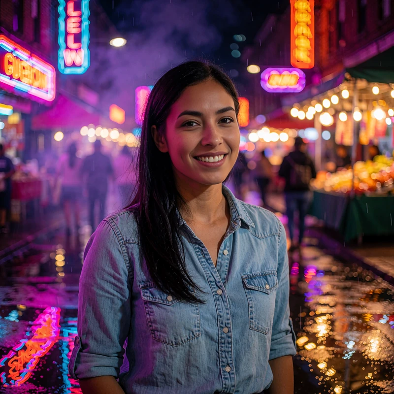 Illustrative sample dating profile of a smiling woman in a chambray shirt at a glowing evening night market