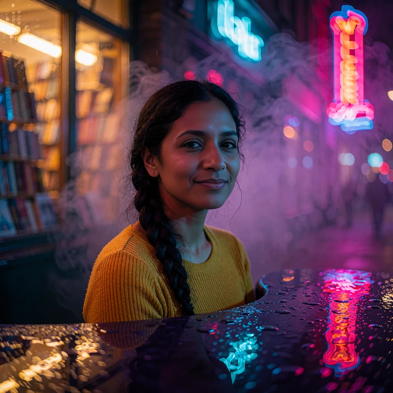 Illustrative sample profile photo of a woman with a long braid in a mustard knit top by a bookstore window