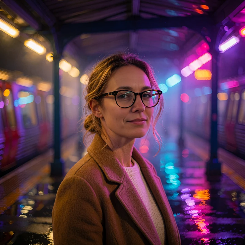 Illustrative sample online dating photo of a woman in tortoiseshell glasses and a camel coat on a commuter platform