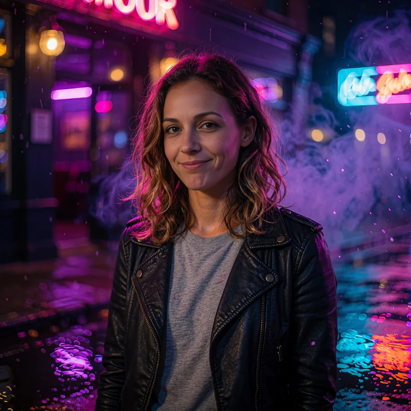 Illustrative sample dating profile photo of a smiling woman in a black leather jacket outside an evening music venue