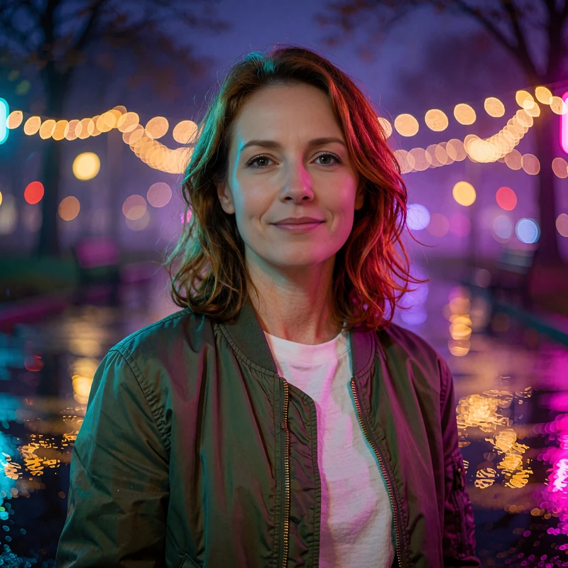 Illustrative sample profile card photo of an auburn-haired woman in a green bomber jacket in a lit city park