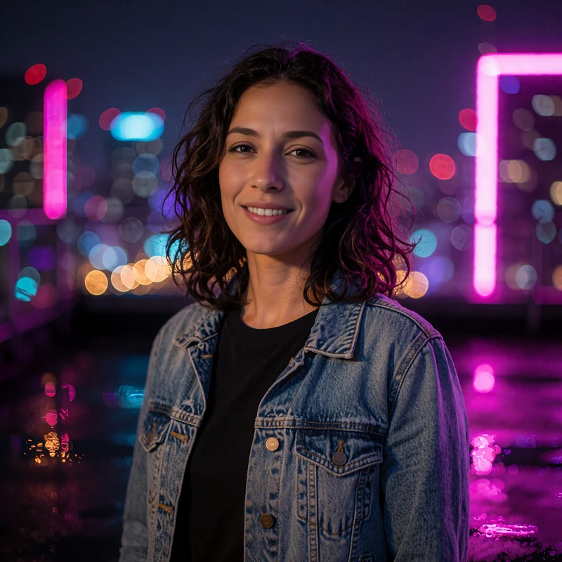 Illustrative sample dating profile photo of a smiling woman in a denim jacket on a city rooftop at night