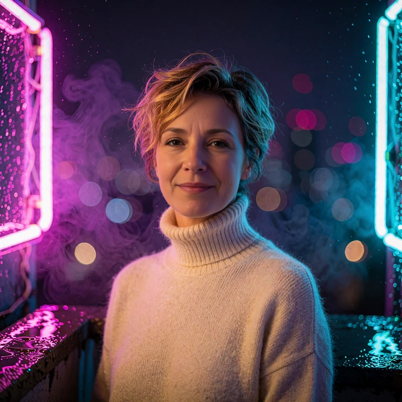 Illustrative sample dating profile photo of a woman in her forties with a pixie cut in a cream turtleneck on a night balcony