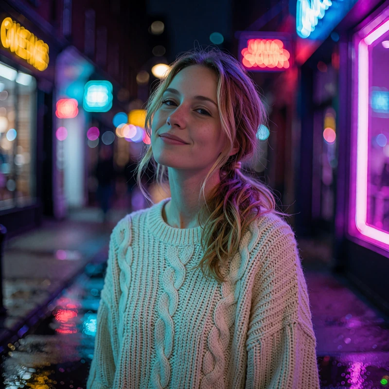 Illustrative sample dating profile photo of a woman in a cream knit sweater on a neon-lit evening sidewalk