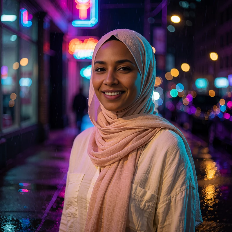 Illustrative sample dating profile photo of a woman in a blush-pink hijab smiling on an evening downtown sidewalk