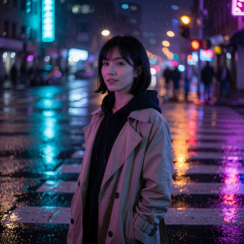 Illustrative sample online dating photo of a woman with a black bob and trench coat at a rainy city crosswalk