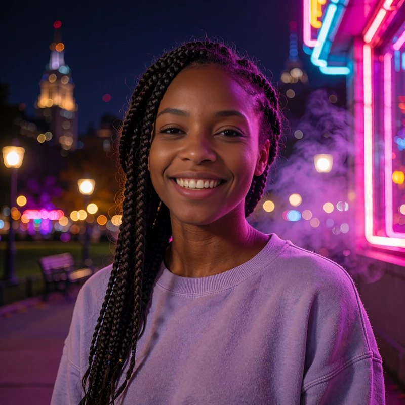 Illustrative sample profile photo of a smiling woman with long box braids in a lavender sweatshirt in an evening city park